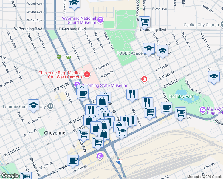 map of restaurants, bars, coffee shops, grocery stores, and more near 2016 Van Lennen Avenue in Cheyenne