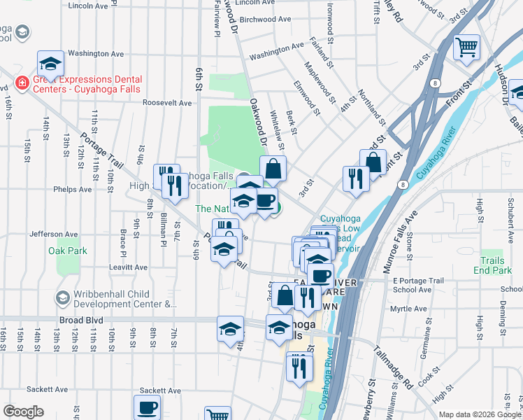 map of restaurants, bars, coffee shops, grocery stores, and more near 2300 4th Street in Cuyahoga Falls