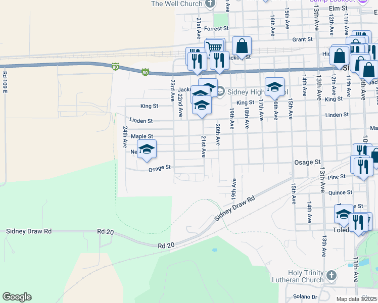 map of restaurants, bars, coffee shops, grocery stores, and more near 2201 Newton Street in Sidney