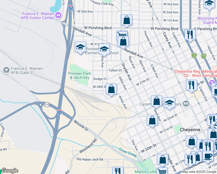 map of restaurants, bars, coffee shops, grocery stores, and more near 2716 Ames Ct in Cheyenne