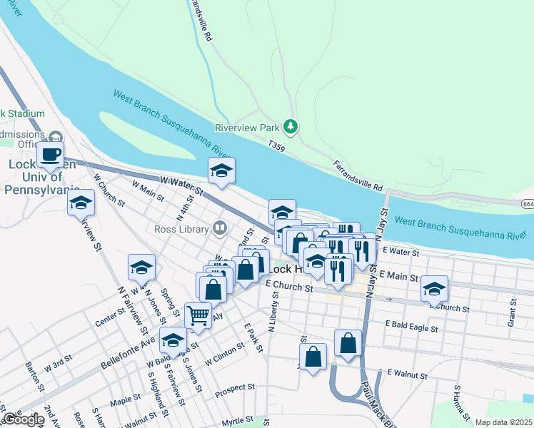 map of restaurants, bars, coffee shops, grocery stores, and more near 47 W Water St in Lock Haven