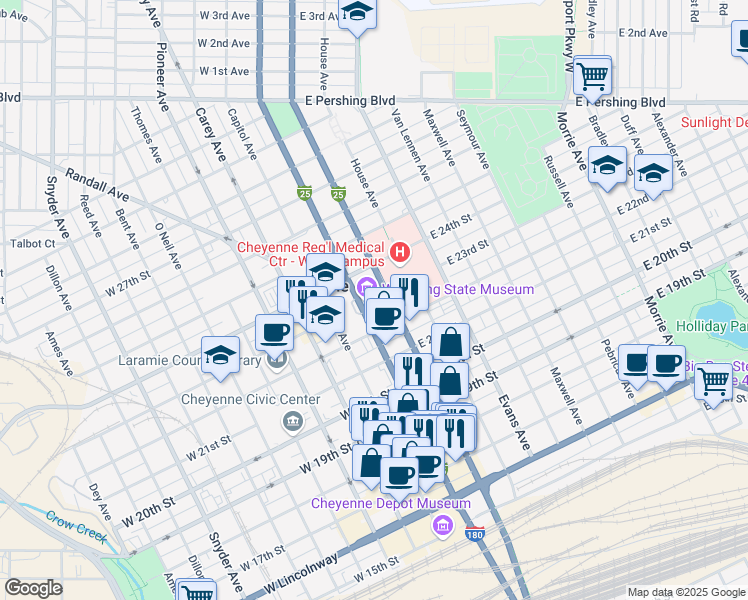 map of restaurants, bars, coffee shops, grocery stores, and more near 2301 Central Avenue in Cheyenne