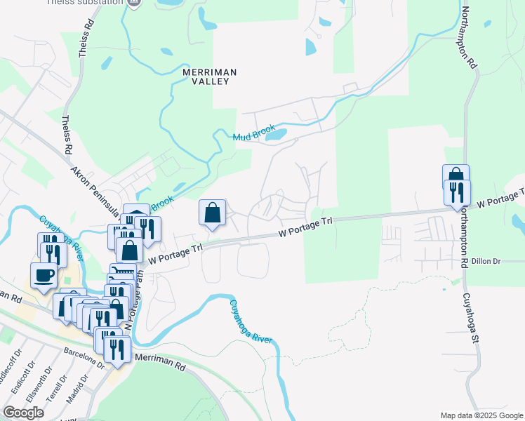 map of restaurants, bars, coffee shops, grocery stores, and more near 1567 Treetop Trail in Akron