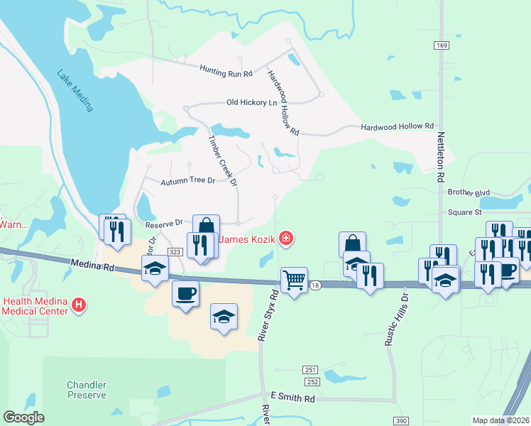 map of restaurants, bars, coffee shops, grocery stores, and more near 4985 Timber Creek Drive in Medina