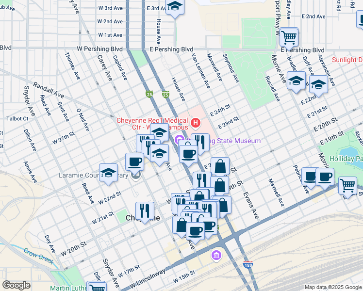 map of restaurants, bars, coffee shops, grocery stores, and more near 2301 Central Avenue in Cheyenne