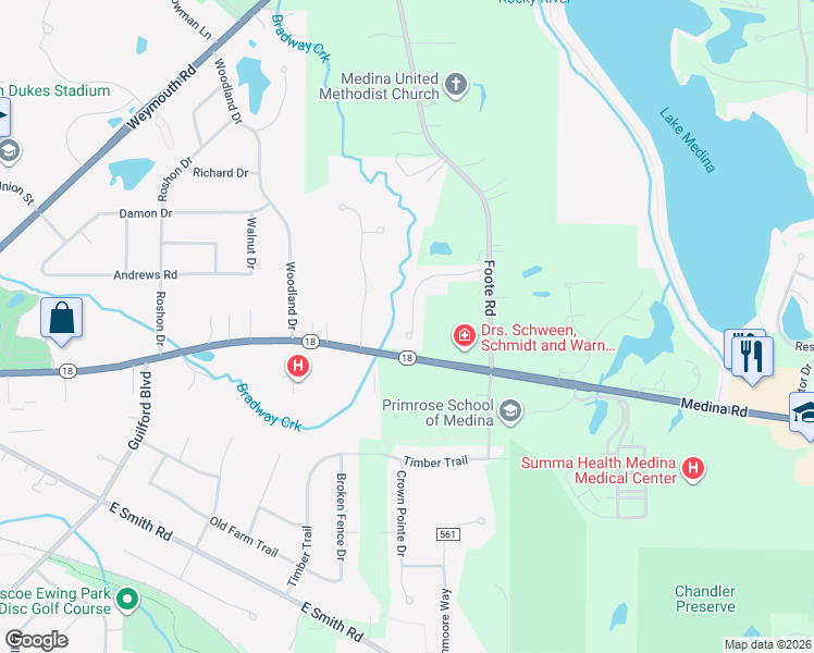 map of restaurants, bars, coffee shops, grocery stores, and more near 22 Grandview Lane in Medina