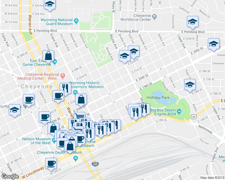 map of restaurants, bars, coffee shops, grocery stores, and more near 710 East 20th Street in Cheyenne