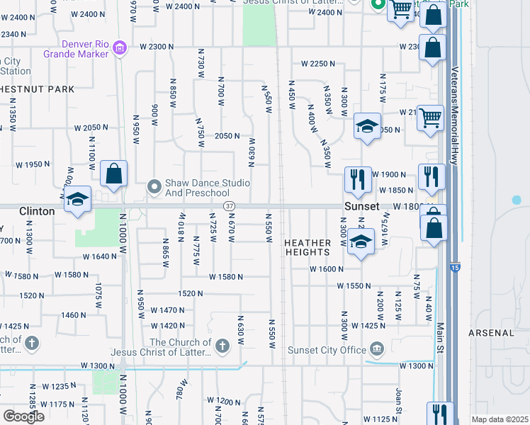 map of restaurants, bars, coffee shops, grocery stores, and more near 1736 North 550 West in Clinton