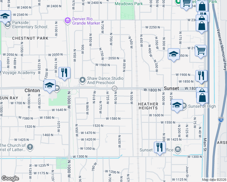 map of restaurants, bars, coffee shops, grocery stores, and more near 1742 North 725 West in Clinton
