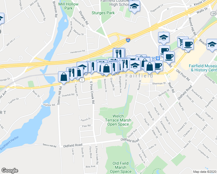 map of restaurants, bars, coffee shops, grocery stores, and more near 137 Beaumont Street in Fairfield