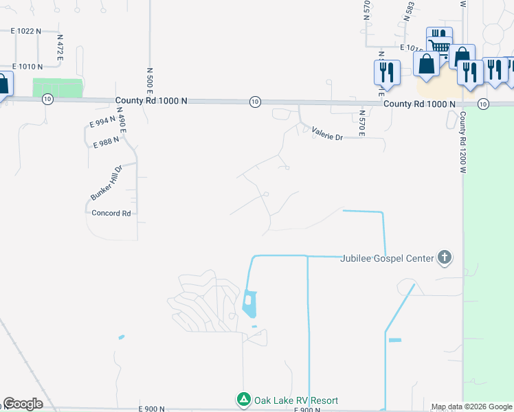 map of restaurants, bars, coffee shops, grocery stores, and more near 9600 North Charter Road in De Motte