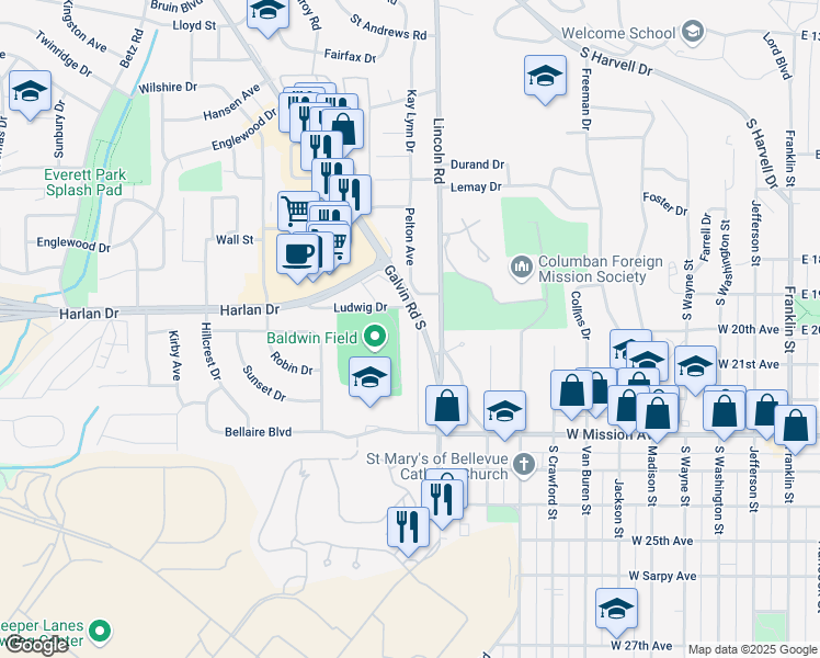 map of restaurants, bars, coffee shops, grocery stores, and more near 1028 Parkway Drive in Bellevue