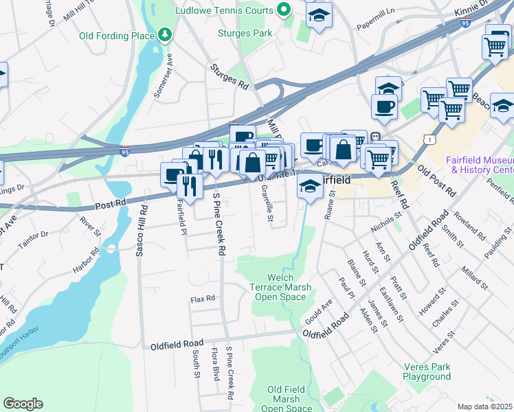 map of restaurants, bars, coffee shops, grocery stores, and more near 83 Beaumont Street in Fairfield