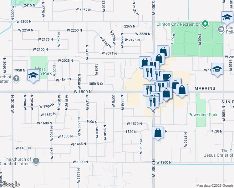 map of restaurants, bars, coffee shops, grocery stores, and more near 2259 West 1800 North in Clinton