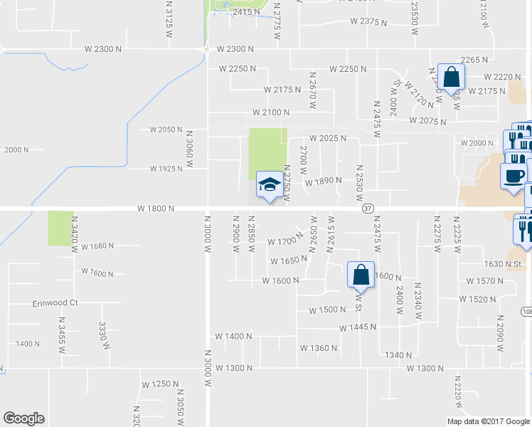 map of restaurants, bars, coffee shops, grocery stores, and more near 2817 West 1800 North in Clinton