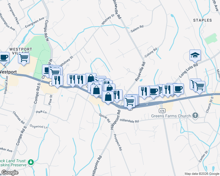 map of restaurants, bars, coffee shops, grocery stores, and more near 5 Deletta Lane in Westport