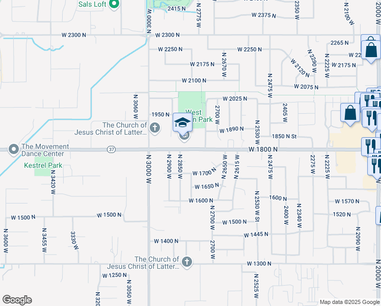 map of restaurants, bars, coffee shops, grocery stores, and more near 2817 West 1800 North in Clinton