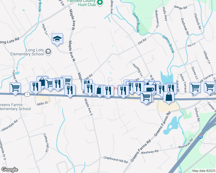 map of restaurants, bars, coffee shops, grocery stores, and more near 9 Oakview Circle in Westport