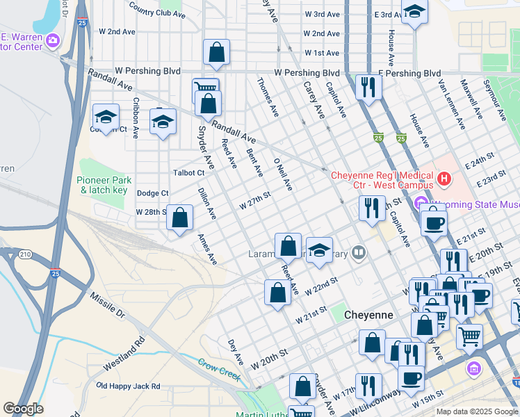 map of restaurants, bars, coffee shops, grocery stores, and more near 2521 Reed Avenue in Cheyenne