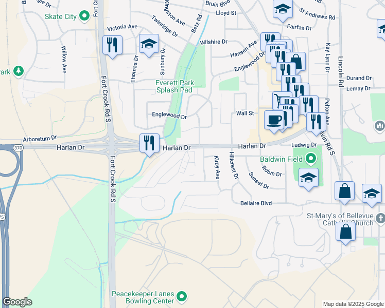map of restaurants, bars, coffee shops, grocery stores, and more near 2011 Harlan Drive in Bellevue