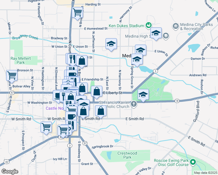 map of restaurants, bars, coffee shops, grocery stores, and more near 412 East Liberty Street in Medina
