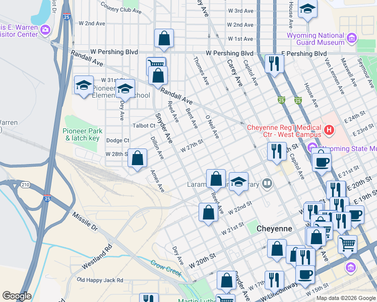 map of restaurants, bars, coffee shops, grocery stores, and more near 820 West 26th Street in Cheyenne