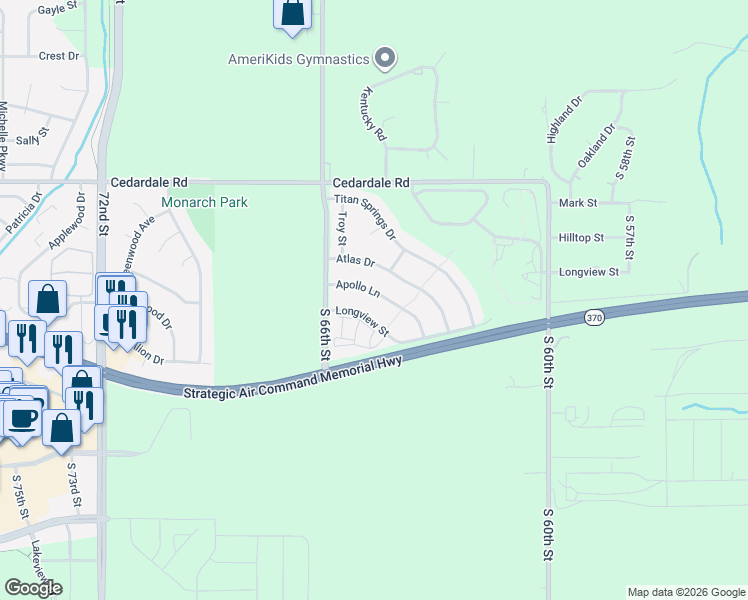map of restaurants, bars, coffee shops, grocery stores, and more near 1909 Longview Street in Papillion