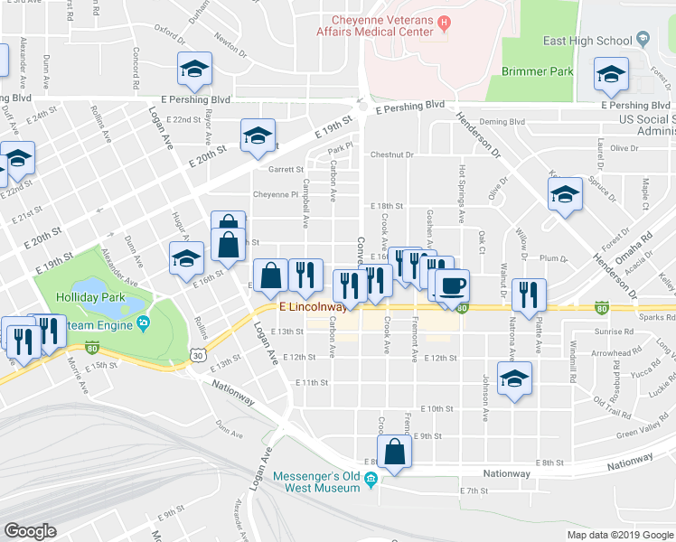 map of restaurants, bars, coffee shops, grocery stores, and more near 2201 East 16th Street in Cheyenne