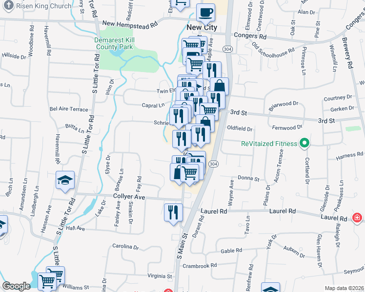 map of restaurants, bars, coffee shops, grocery stores, and more near 243 South Main Street in New City