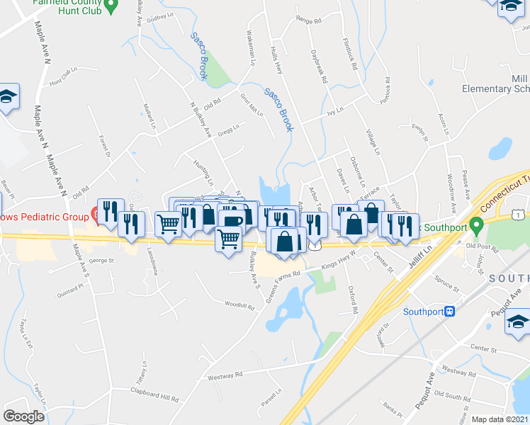 map of restaurants, bars, coffee shops, grocery stores, and more near 6 Palmieri Road in Westport