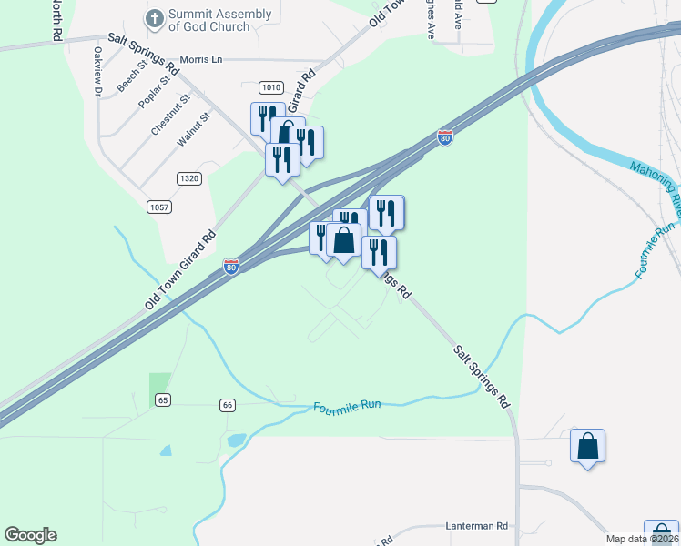 map of restaurants, bars, coffee shops, grocery stores, and more near 2786 Salt Springs Road in Girard