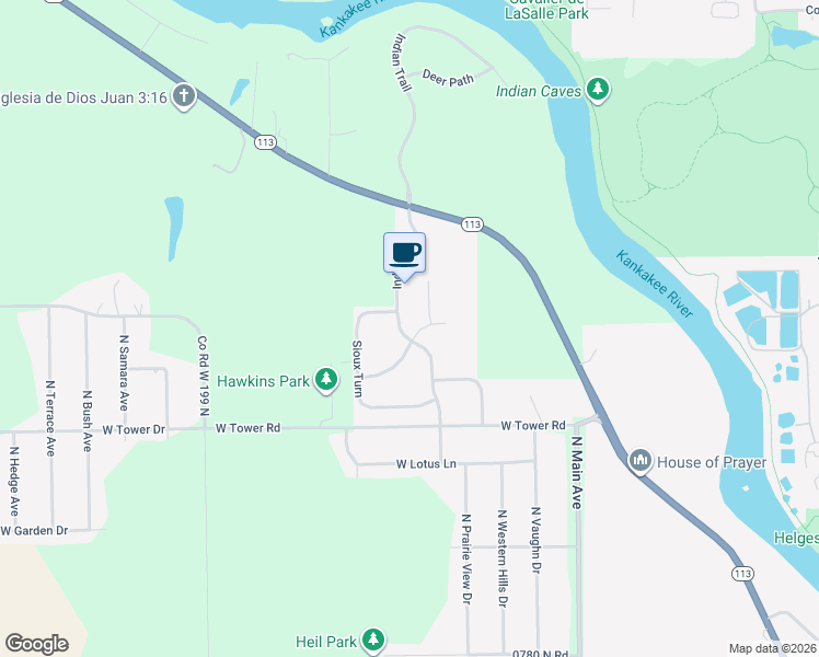 map of restaurants, bars, coffee shops, grocery stores, and more near 1365 Sioux Turn in Kankakee
