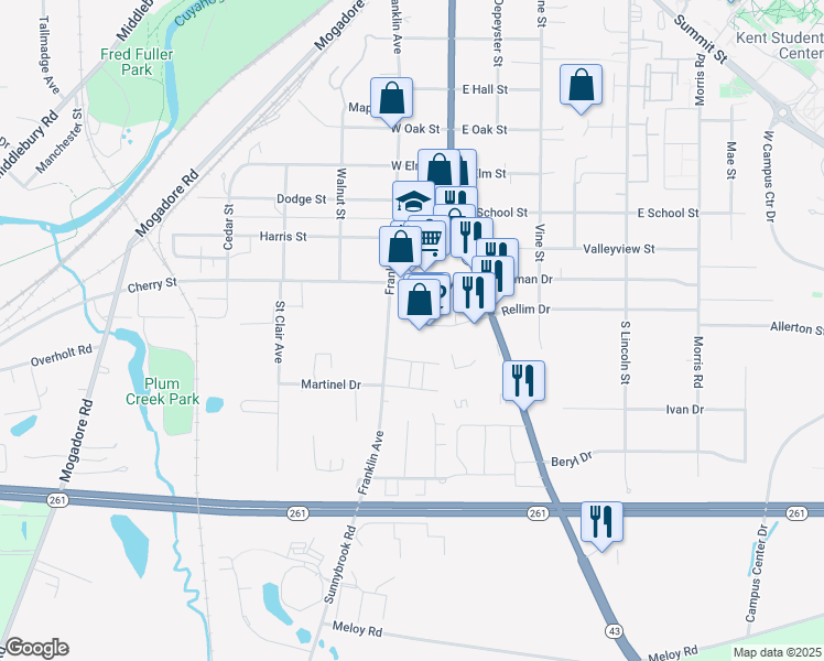 map of restaurants, bars, coffee shops, grocery stores, and more near 1416 South Water Street in Kent