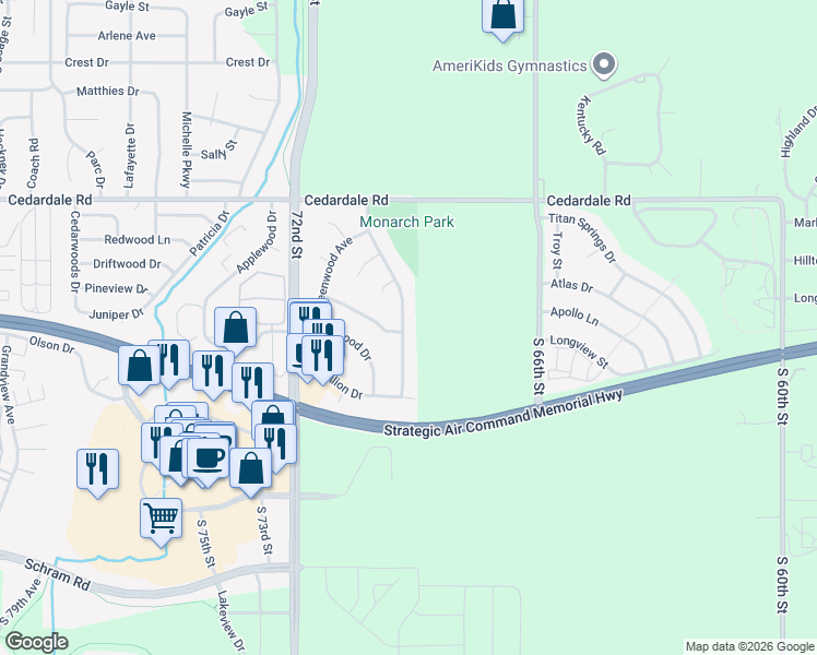 map of restaurants, bars, coffee shops, grocery stores, and more near 1406 Beechwood Avenue in Papillion