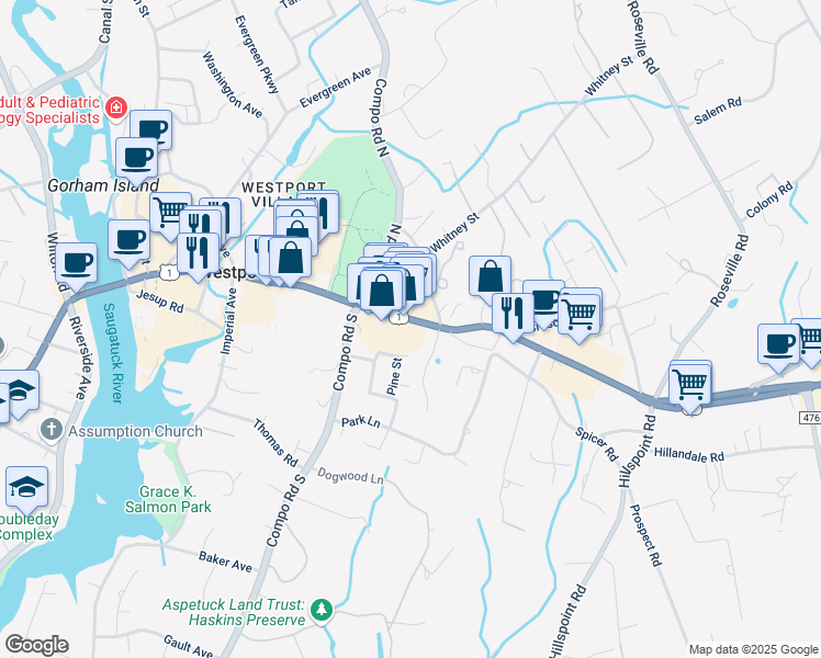 map of restaurants, bars, coffee shops, grocery stores, and more near 422 Post Road East in Westport