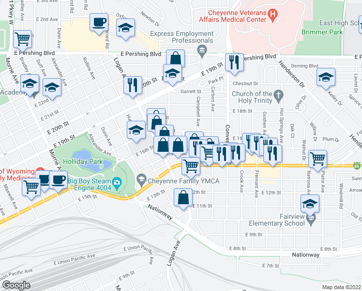 map of restaurants, bars, coffee shops, grocery stores, and more near 1925 East 16th Street in Cheyenne