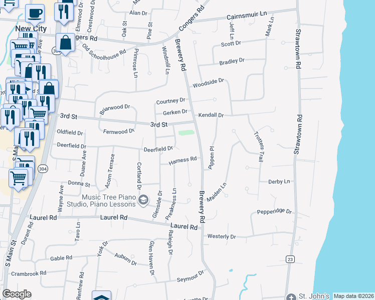 map of restaurants, bars, coffee shops, grocery stores, and more near 103 Brewery Road in New City