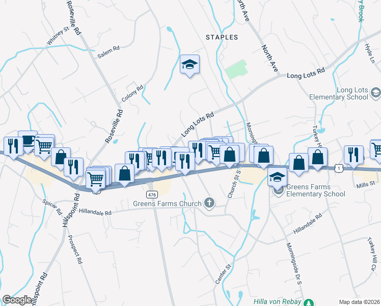 map of restaurants, bars, coffee shops, grocery stores, and more near 8 Long Lots Lane in Westport