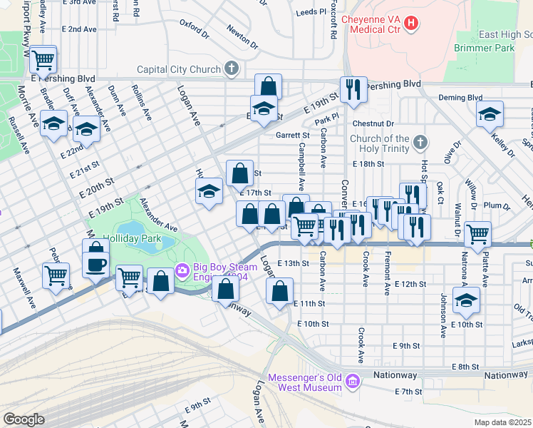 map of restaurants, bars, coffee shops, grocery stores, and more near 1917 East 17th Street in Cheyenne