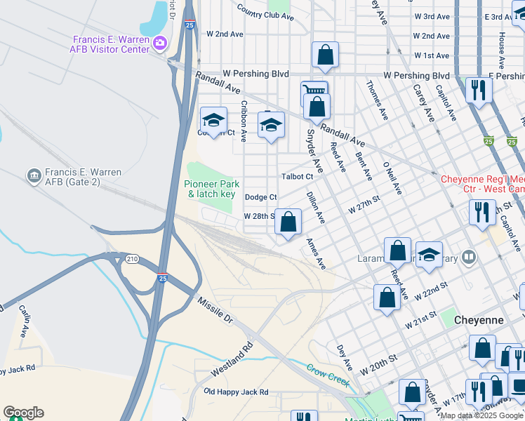 map of restaurants, bars, coffee shops, grocery stores, and more near 1214 Dodge Court in Cheyenne