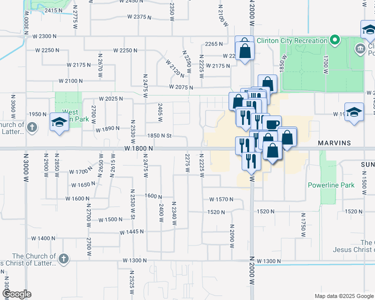 map of restaurants, bars, coffee shops, grocery stores, and more near 2244 West 1800 North in Clinton