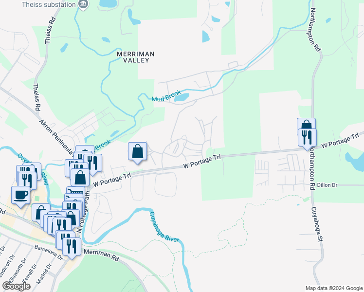map of restaurants, bars, coffee shops, grocery stores, and more near 1792 Treetop Trail in Akron