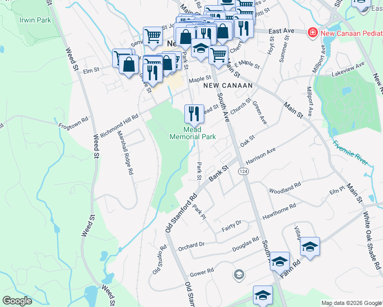 map of restaurants, bars, coffee shops, grocery stores, and more near 264 Park Street in New Canaan