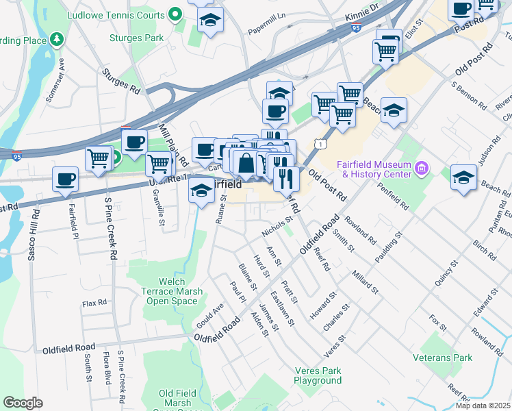 map of restaurants, bars, coffee shops, grocery stores, and more near 1499 Post Road in Fairfield