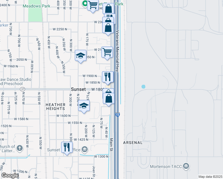 map of restaurants, bars, coffee shops, grocery stores, and more near W 1800 N & N Main St in Sunset