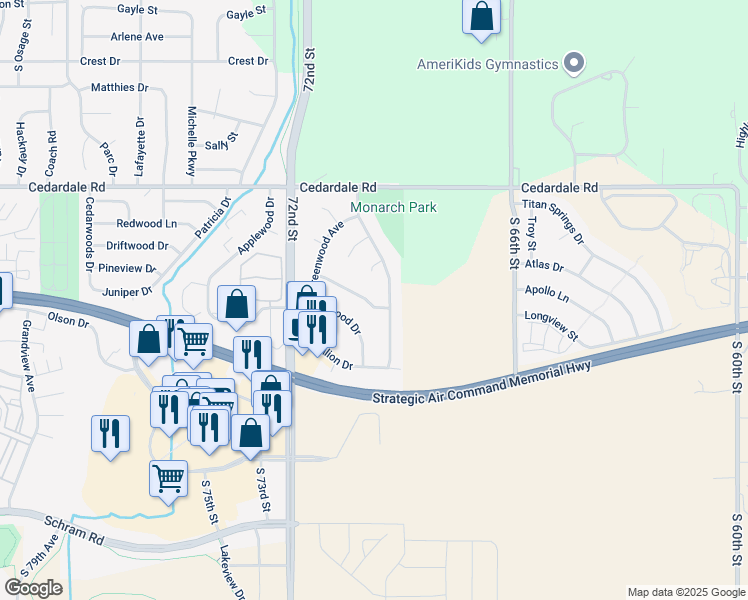 map of restaurants, bars, coffee shops, grocery stores, and more near 1422 Cherry Tree Lane in Papillion