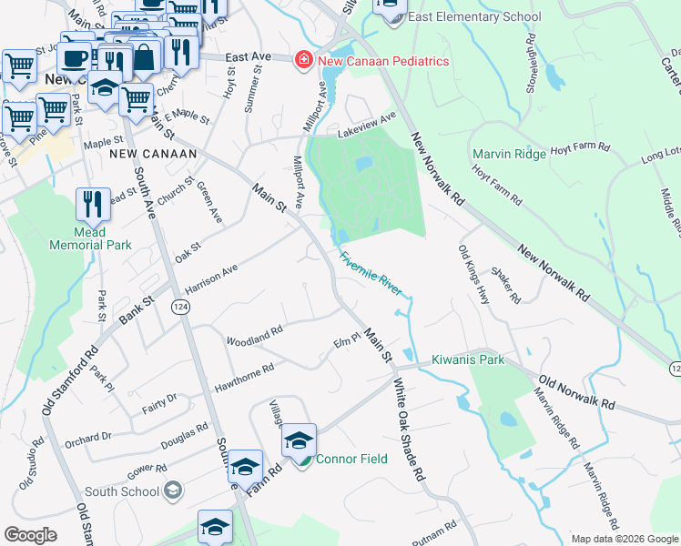 map of restaurants, bars, coffee shops, grocery stores, and more near 402 Main Street in New Canaan