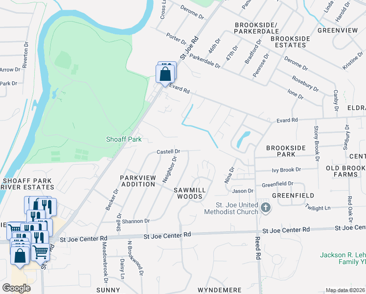 map of restaurants, bars, coffee shops, grocery stores, and more near 6400 Neighbor Drive in Fort Wayne
