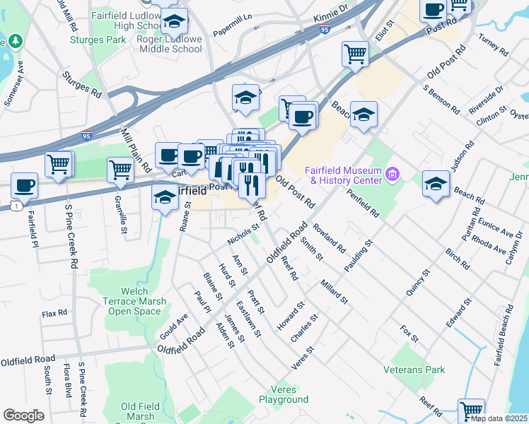 map of restaurants, bars, coffee shops, grocery stores, and more near 48 Reef Road in Fairfield