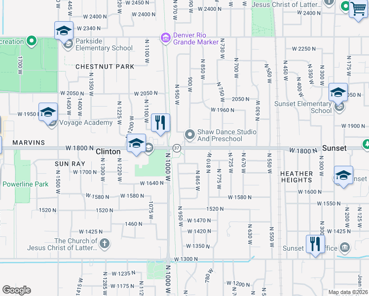 map of restaurants, bars, coffee shops, grocery stores, and more near 925 West 1800 North in Clinton